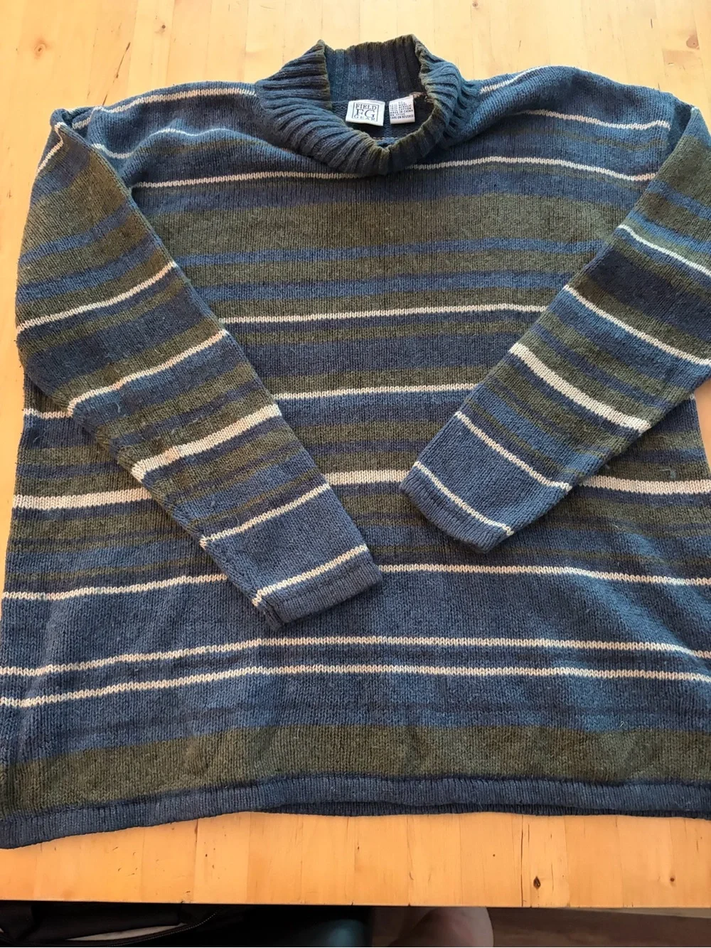 Men's Striped Crewneck Sweater - Blue & Olive silk/wool blend
